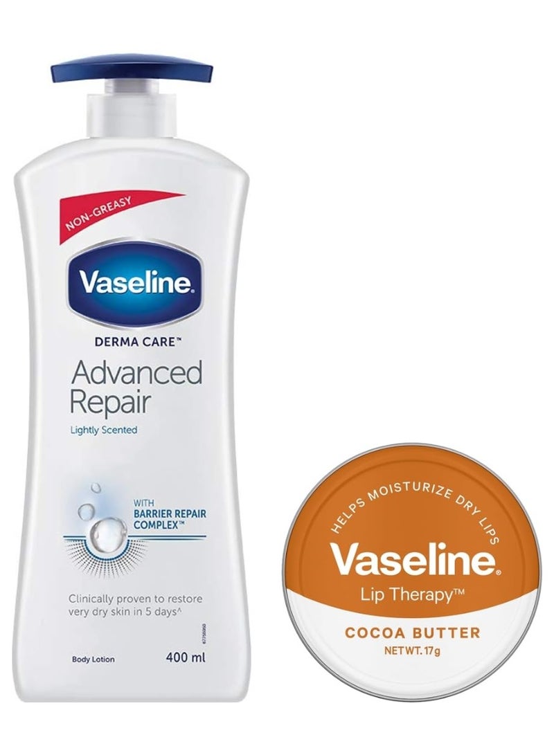 Vaseline Derma Care Advanced Repair Body Lotion, 400 ml & Vaseline Lip Tin Cocoa Butter Infused with Cocoa Butter Extract, 17g - Image 1